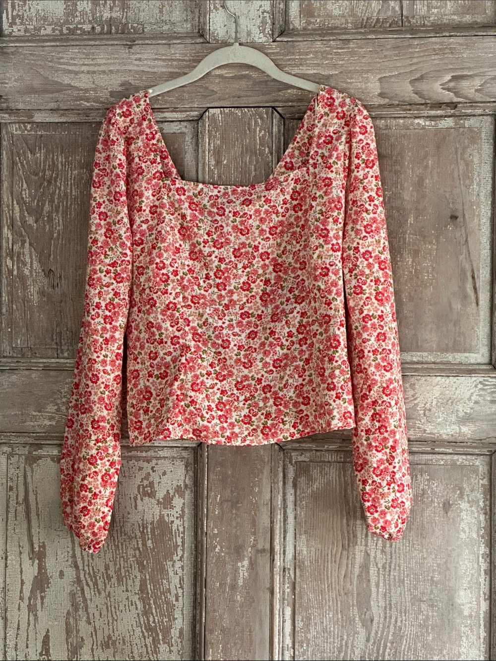 Lush Pink Floral Square-Neck Long Sleeve Blouse